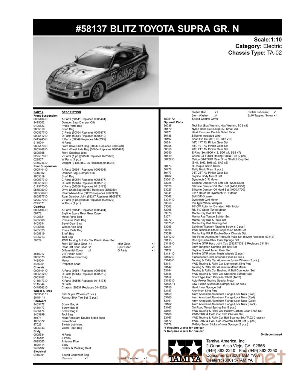 Tamiya - Blitz Toyota Supra Gr.N - TA-02 Chassis - Parts List - Page 1