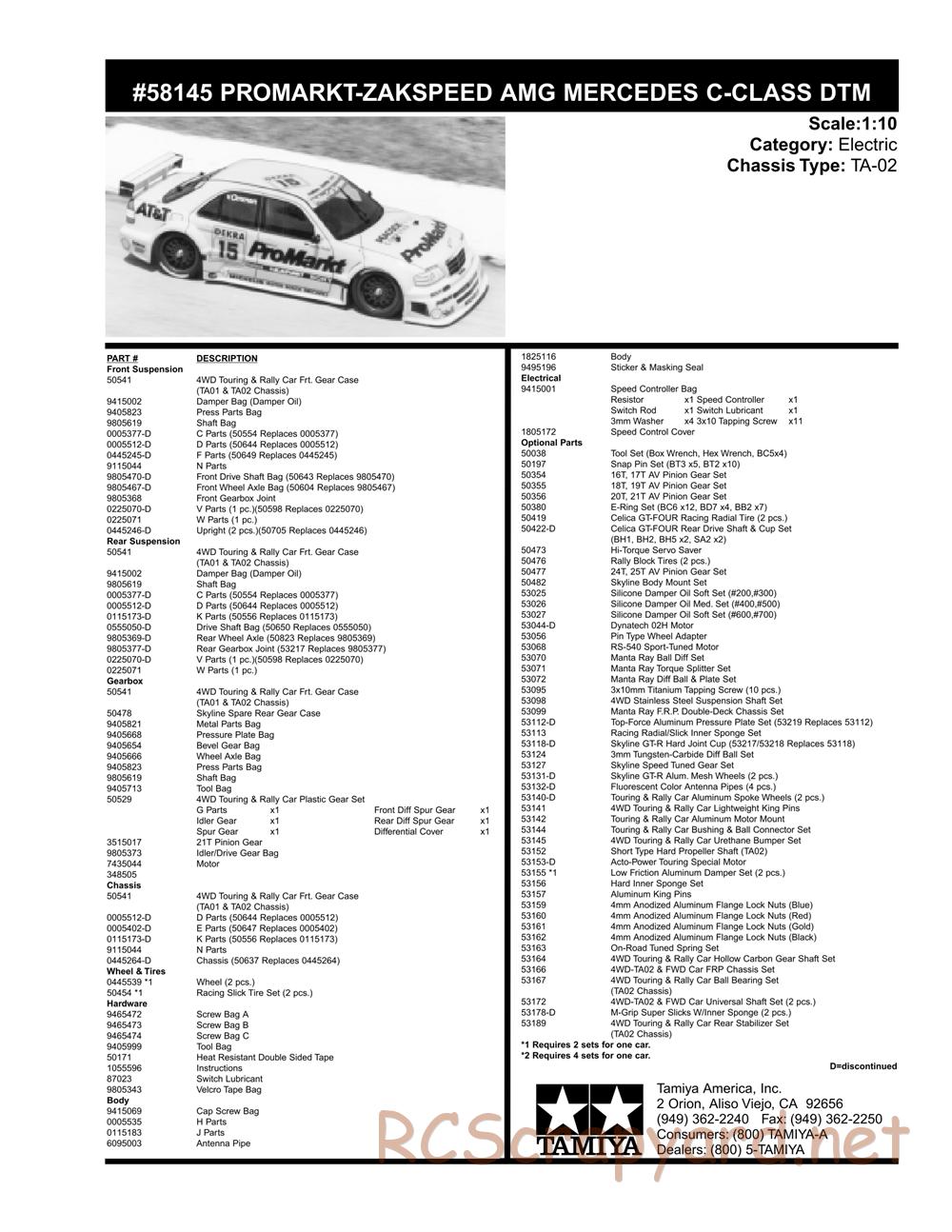 Tamiya - ProMarkt-Zakspeed AMG Mercedes C-Class DTM - TA-02 Chassis - Parts List - Page 1