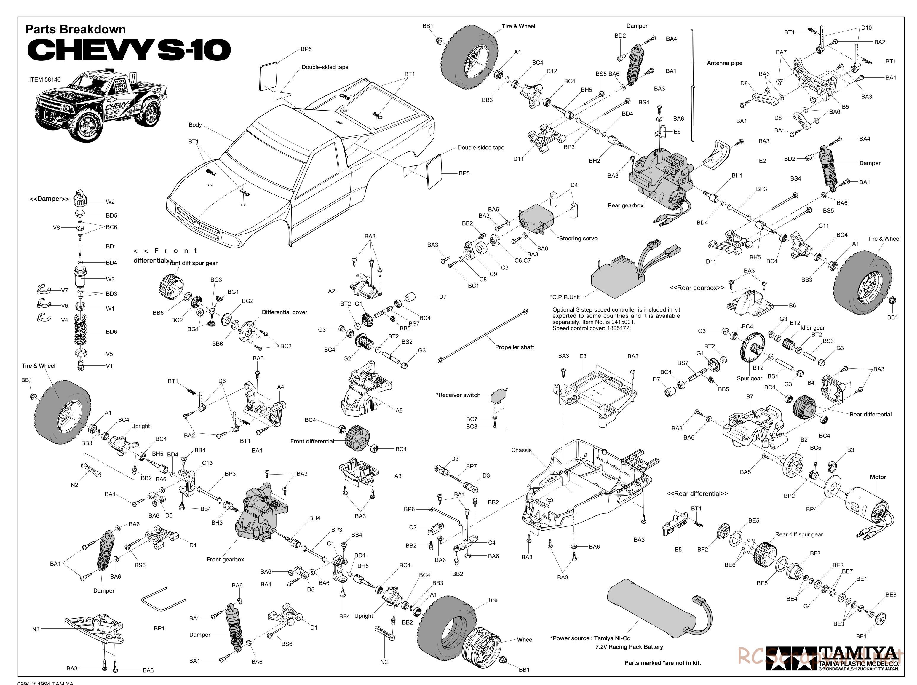 Tamiya - Chevy S-10 Chassis - Exploded View - Page 1