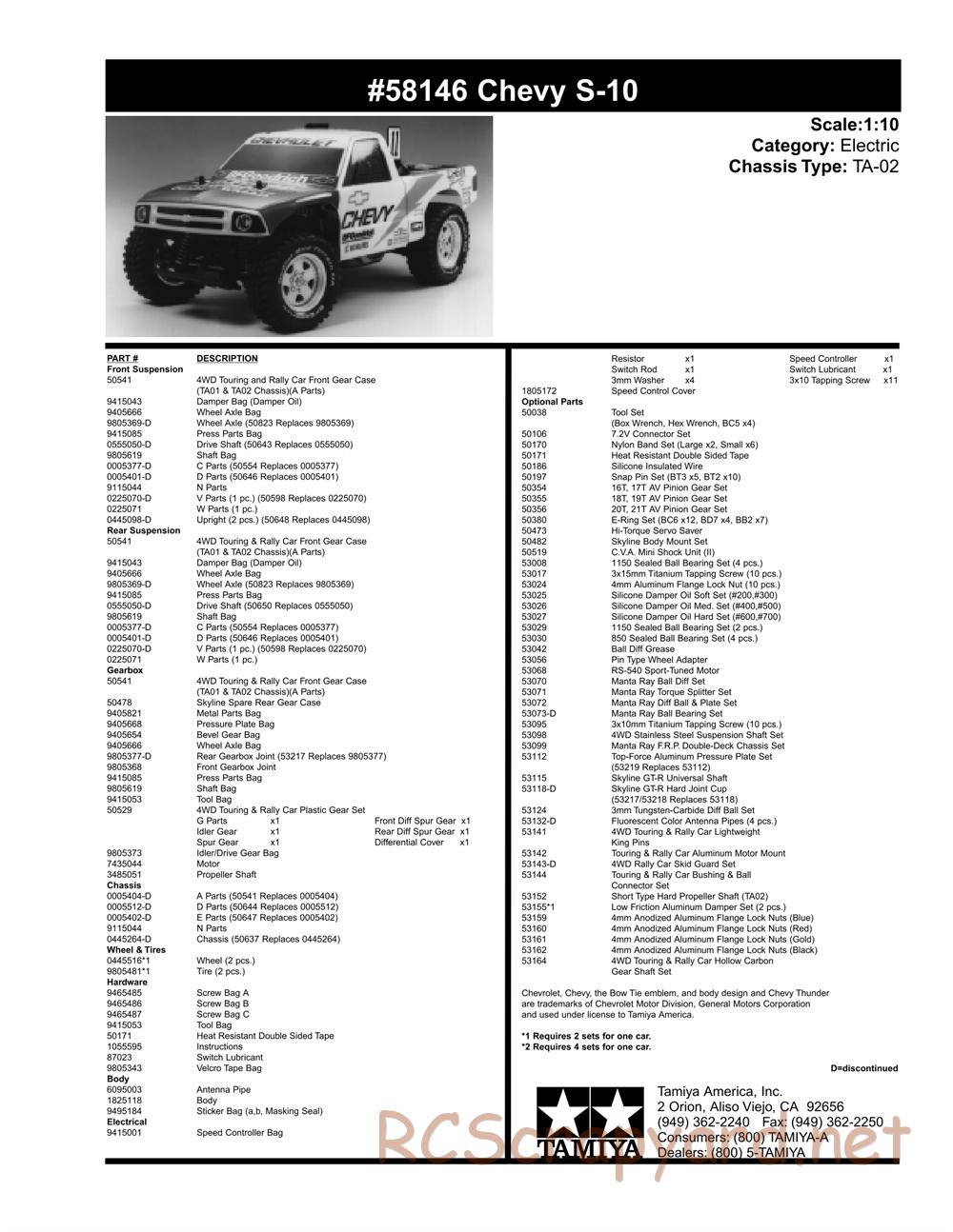 Tamiya - Chevy S-10 Chassis - Parts List - Page 2