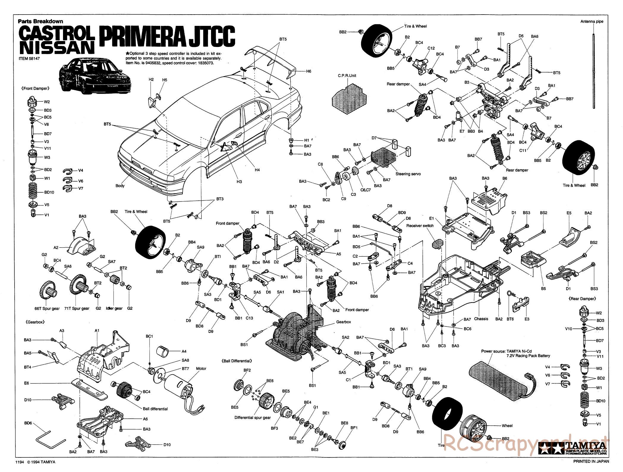 Tamiya - Castrol Nissan Primera JTCC - FF-01 Chassis - Exploded View - Page 1
