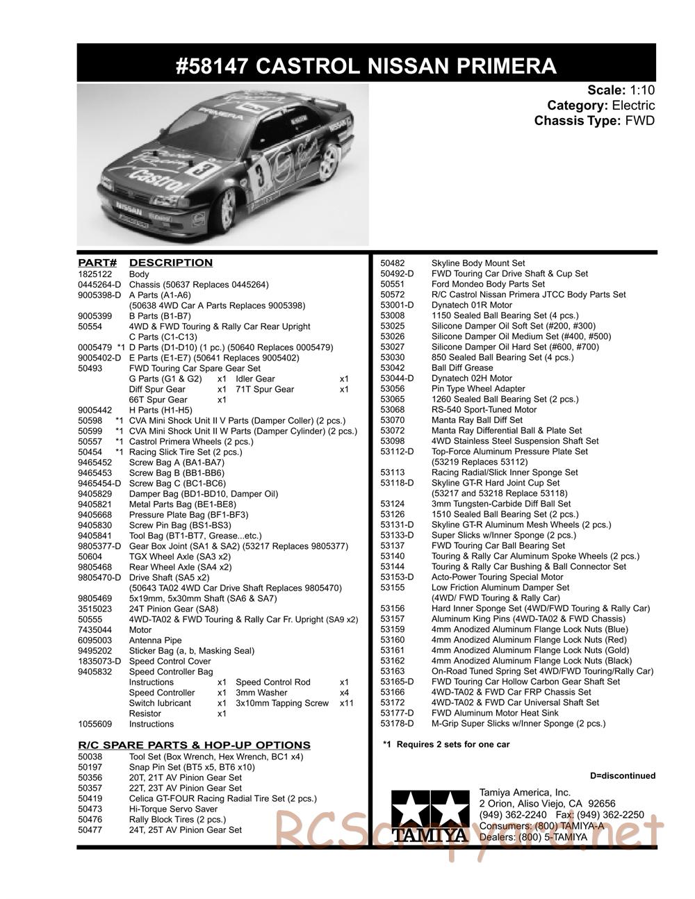 Tamiya - Castrol Nissan Primera JTCC - FF-01 Chassis - Parts List - Page 2
