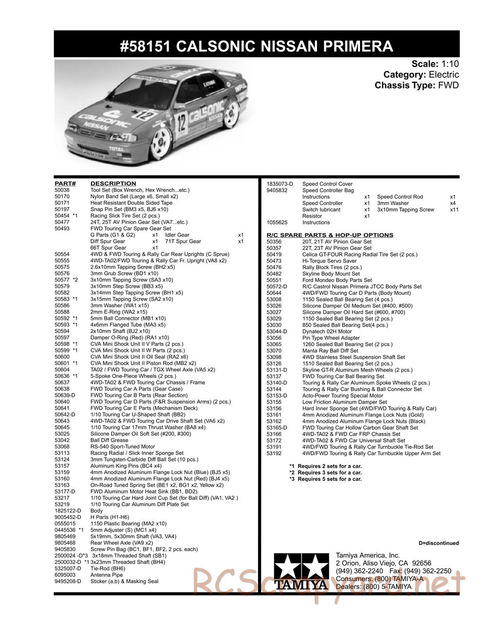 Tamiya - Calsonic Nissan Primera JTCC - FF-01 Chassis - Parts List - Page 1