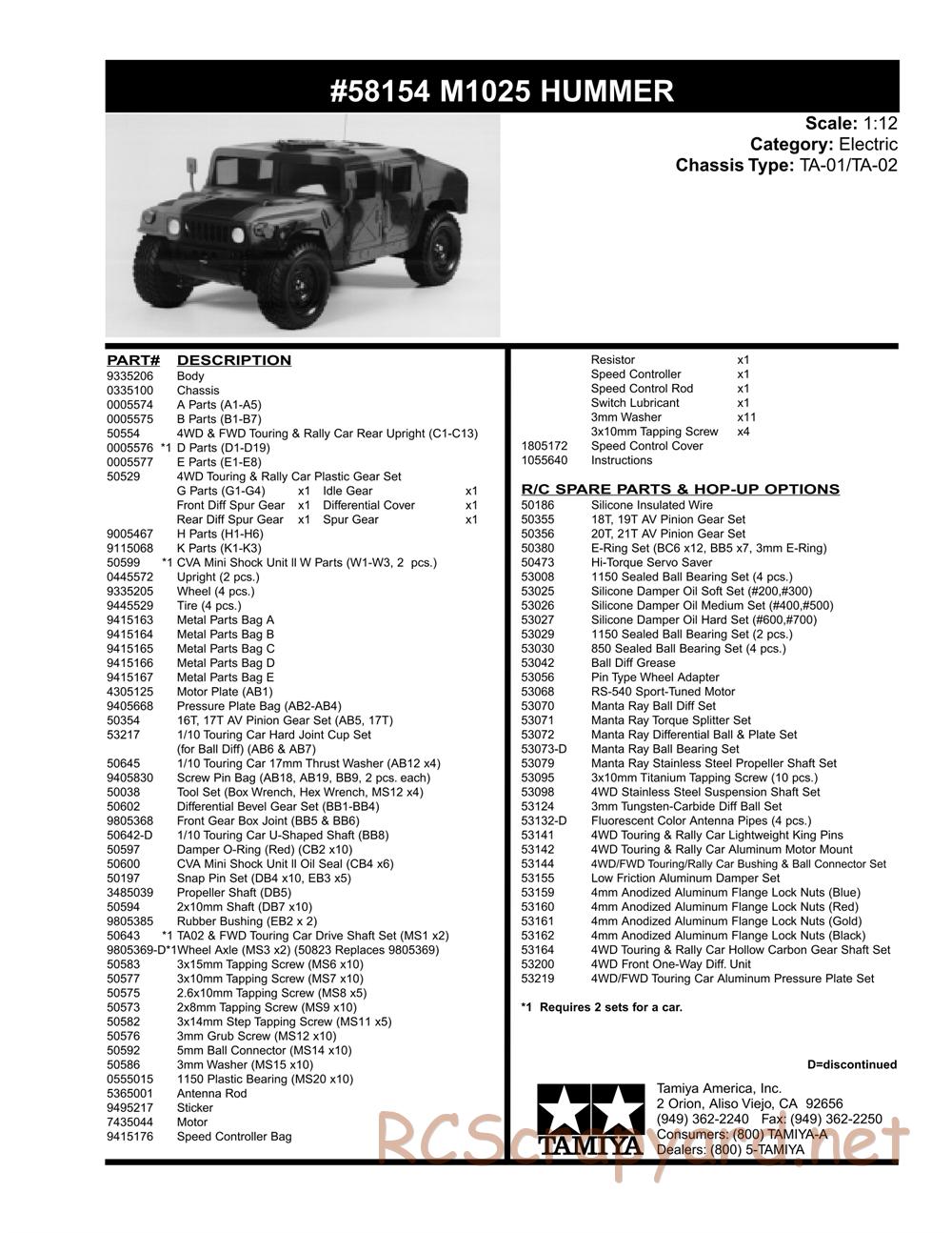 Tamiya - M1025 Hummer - TA-01 Chassis - Parts List - Page 2