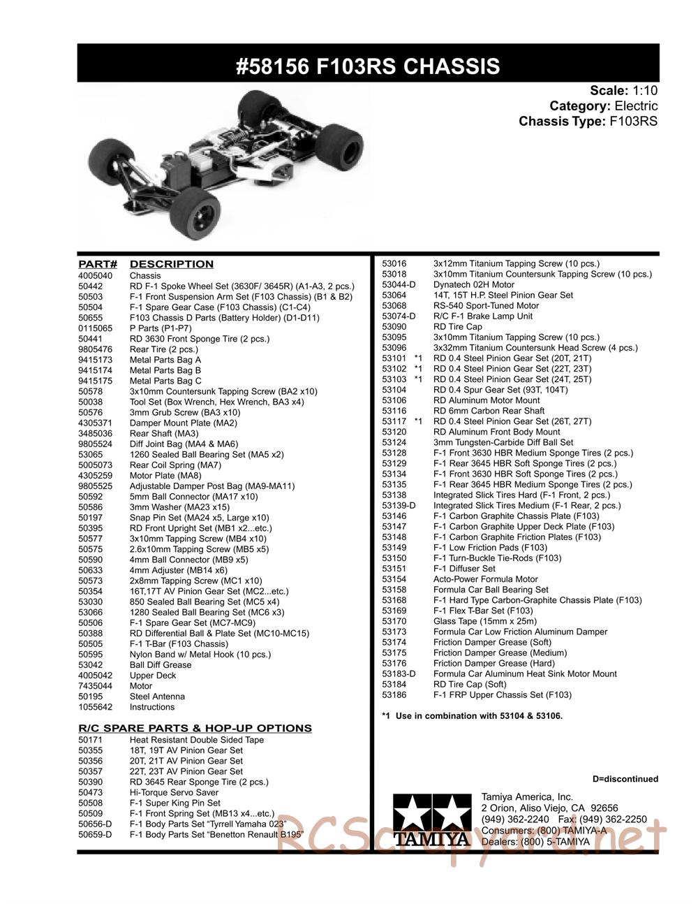 Tamiya - F103RS Chassis - Parts List - Page 2