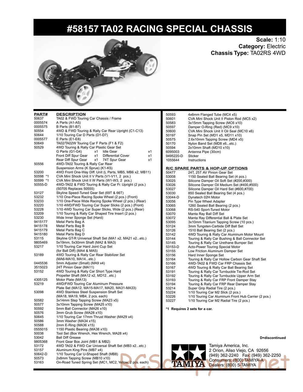 Tamiya - TA-02RS Chassis - Parts List - Page 1