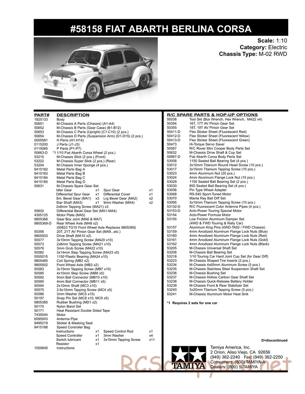 Tamiya - Fiat Abarth 1000 TCR Berlina Corse - M02 Chassis - Parts List - Page 2