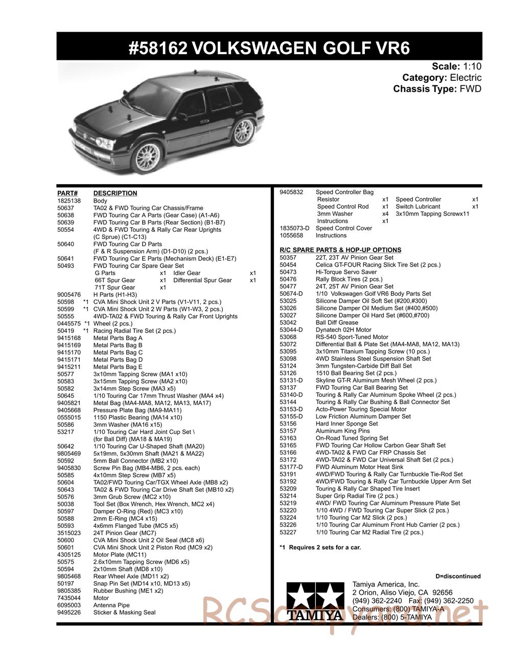 Tamiya - Volkswagen Golf VR6 - FF-01 Chassis - Exploded View and Parts List - Page 2