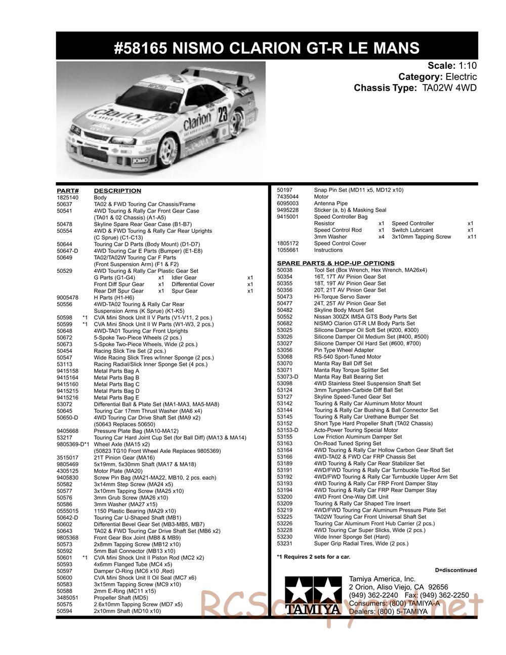 Tamiya - Nismo Clarion GT-R LM - TA-02W Chassis - Parts List - Page 2