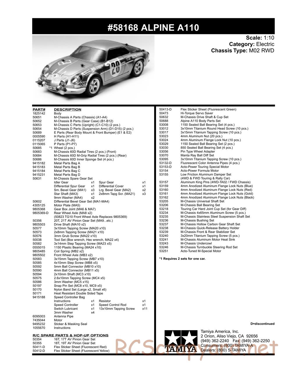 Tamiya - Alpine A110 - M02 Chassis - Parts List - Page 2