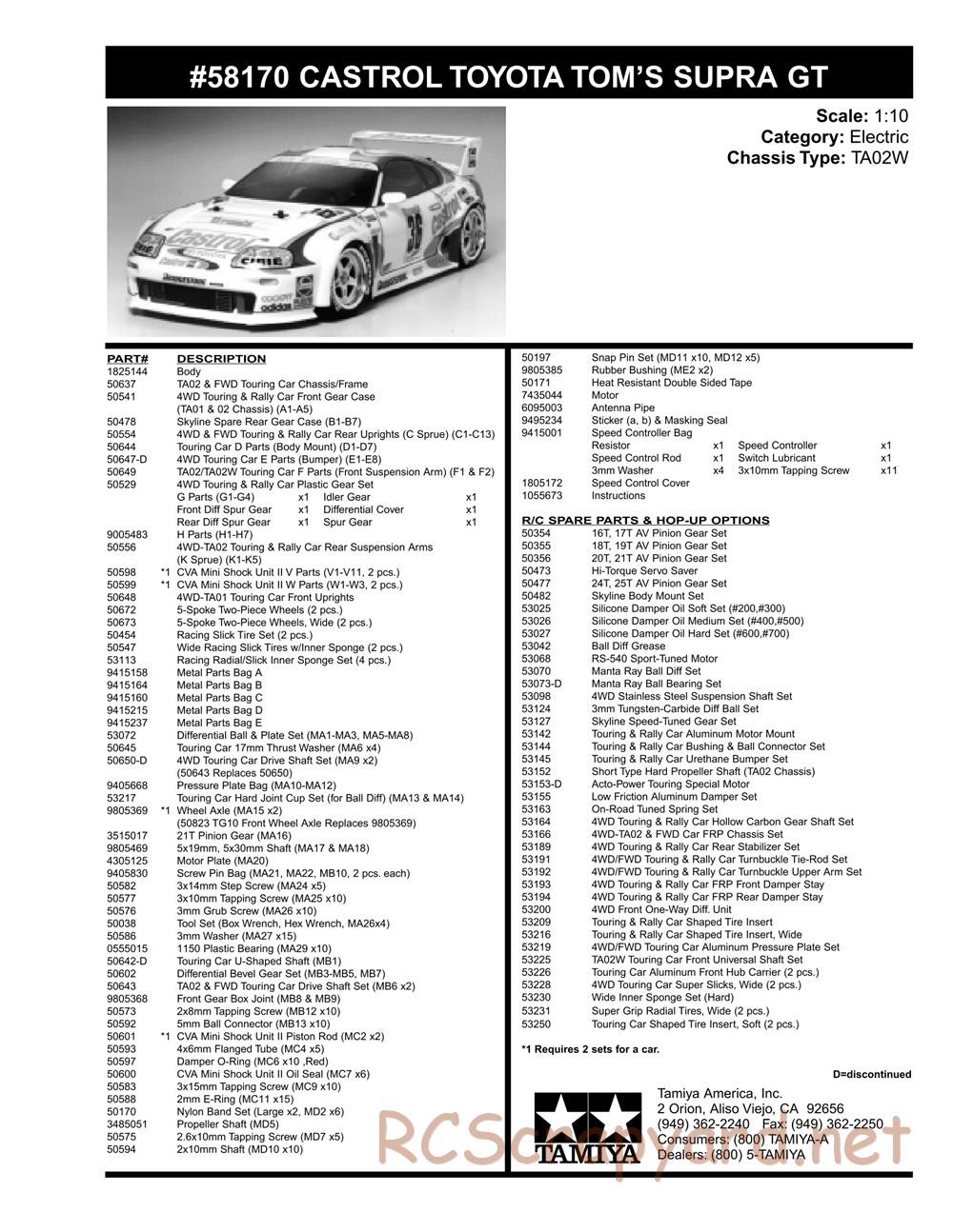 Tamiya - Castrol Toyota Tom's Supra GT - TA-02W Chassis - Parts List - Page 2