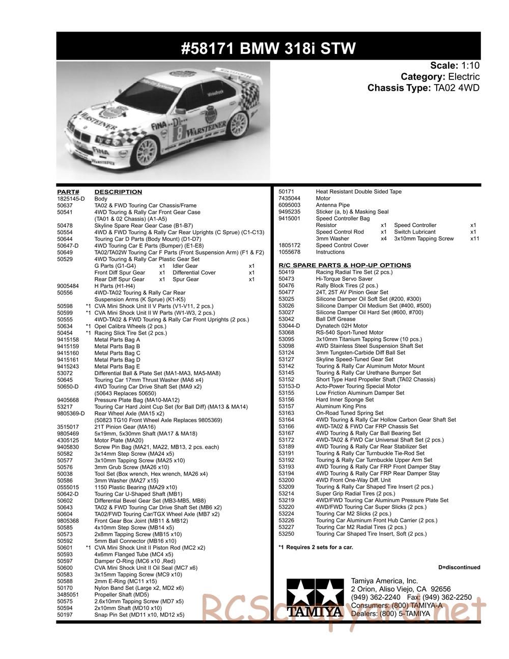 Tamiya - BMW 318i STW - TA-02 Chassis - Parts List - Page 2