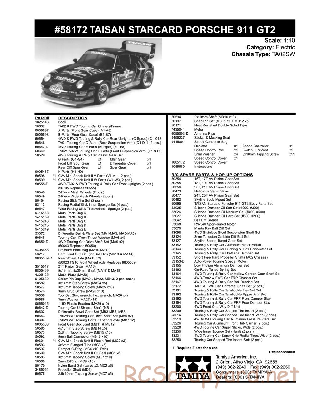 Tamiya - Taisan Starcard Porsche 911 GT2 - TA-02SW Chassis - Exploded View and Parts List - Page 2
