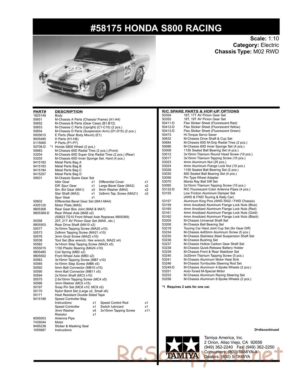 Tamiya - Honda S800 Racing - M02 Chassis - Parts List - Page 2