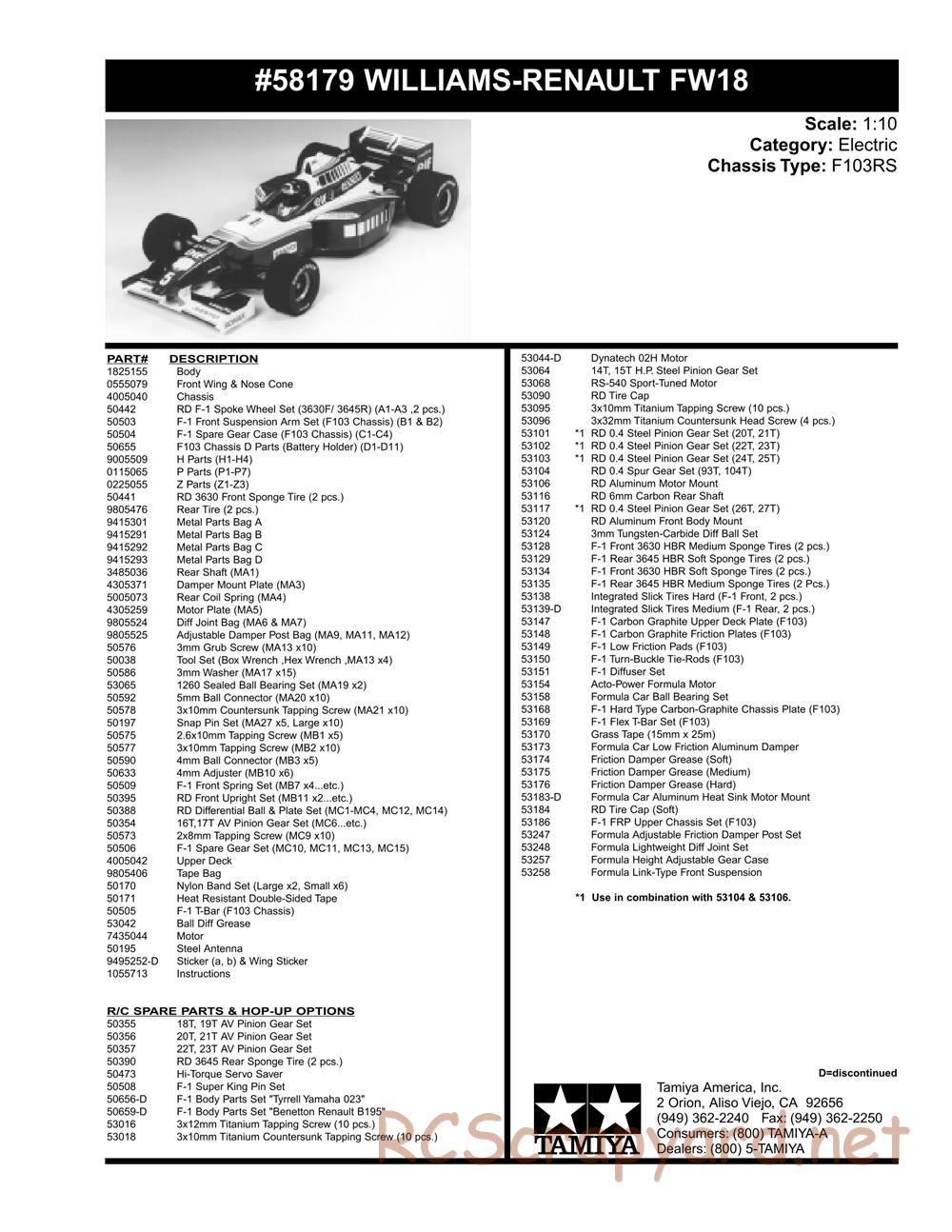 Tamiya - Williams Renault FW18 - F103RS Chassis - Parts List - Page 2