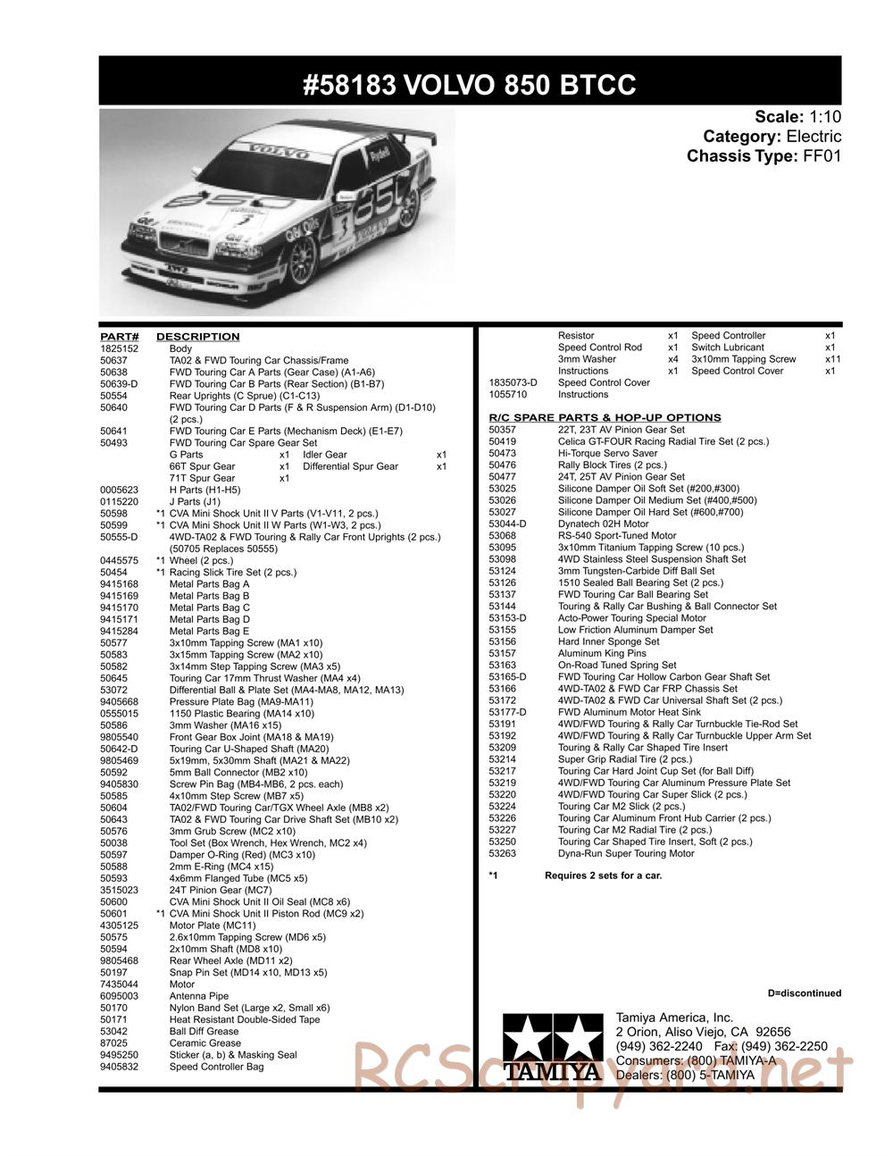 Tamiya - Volvo 850 BTCC - FF-01 Chassis - Parts List - Page 2
