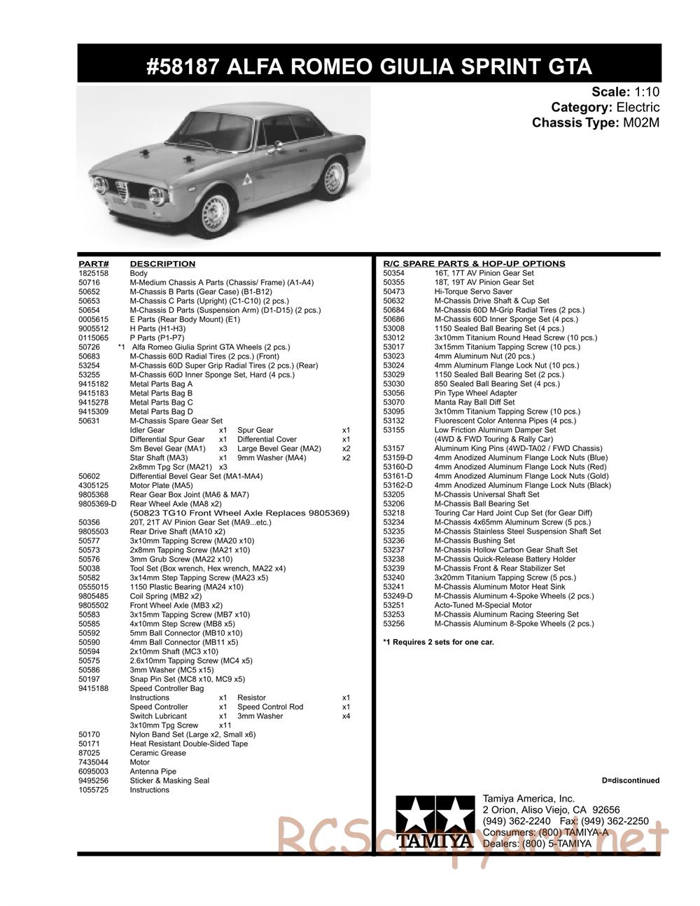 Tamiya - Alfa Romeo Giulia Sprint GTA - M02M Chassis - Parts List - Page 2