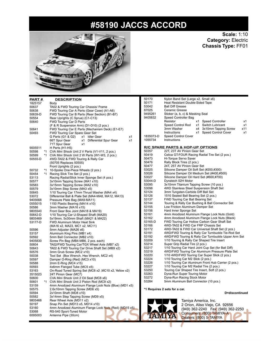 Tamiya - JACCS Honda Accord - FF-01 Chassis - Parts List - Page 1