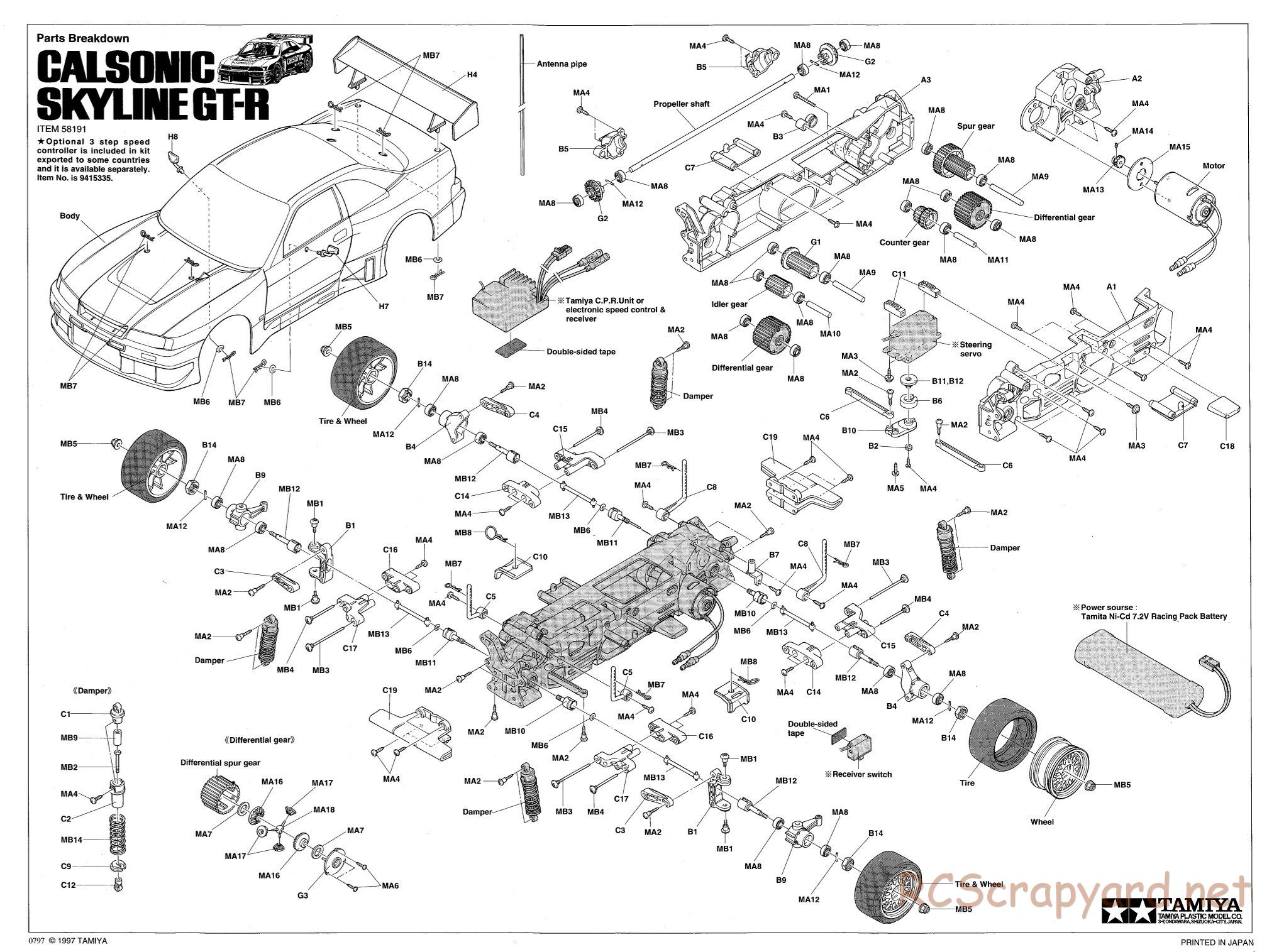 Tamiya - Calsonic Skyline GT-R - TL-01 Chassis - Exploded View  - Page 1