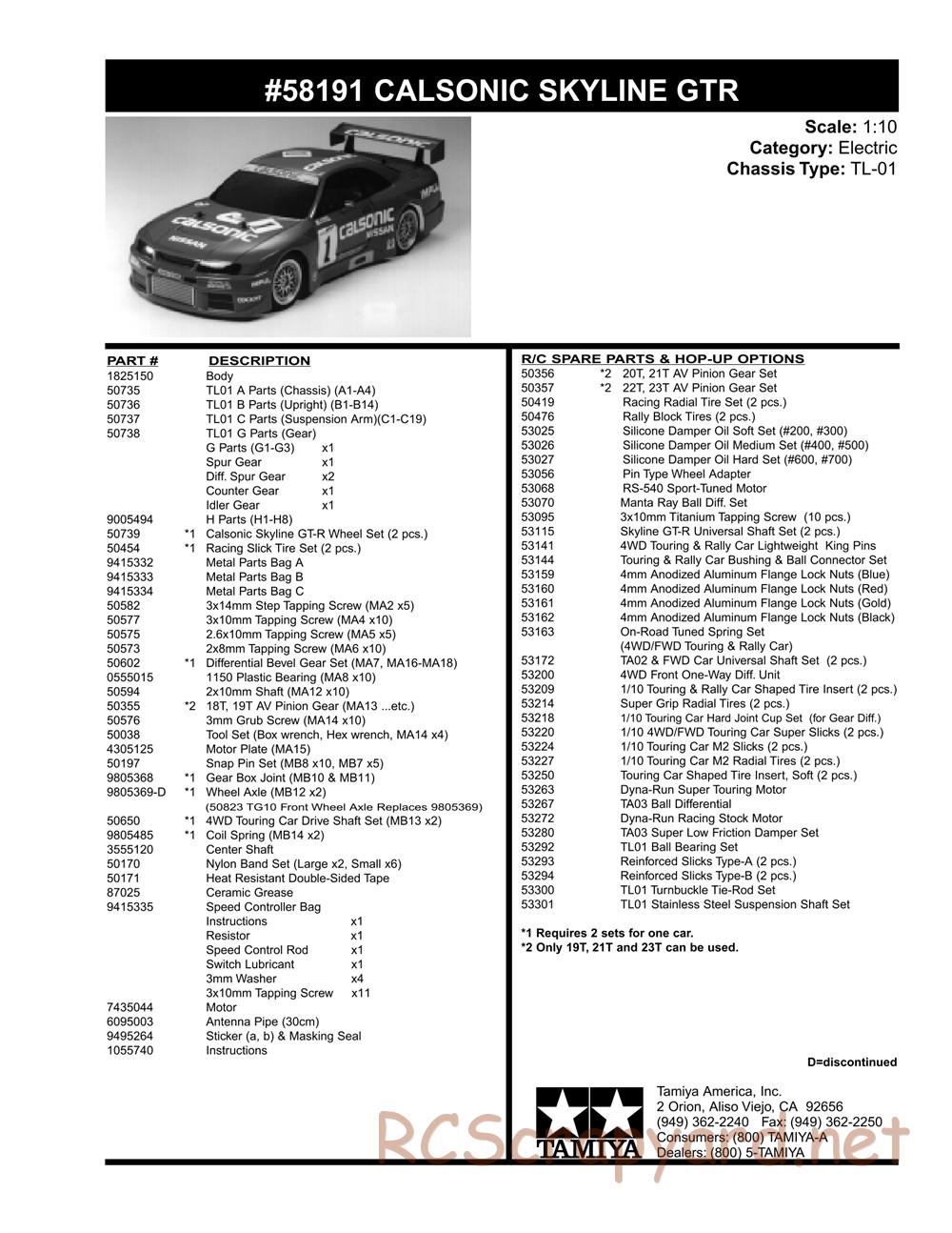 Tamiya - Calsonic Skyline GT-R - TL-01 Chassis - Parts List - Page 2