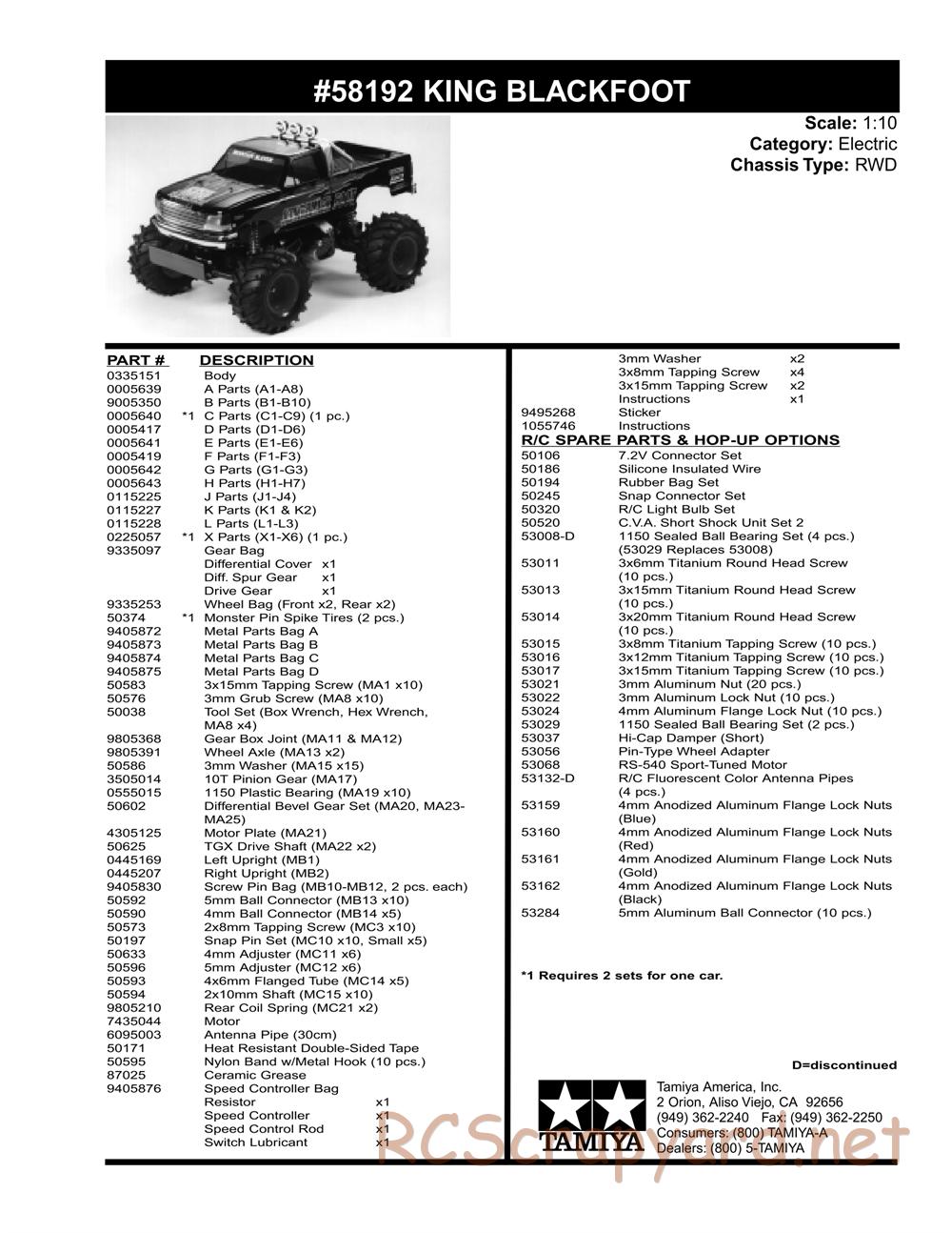 Tamiya - King Blackfoot Chassis - Parts List - Page 2