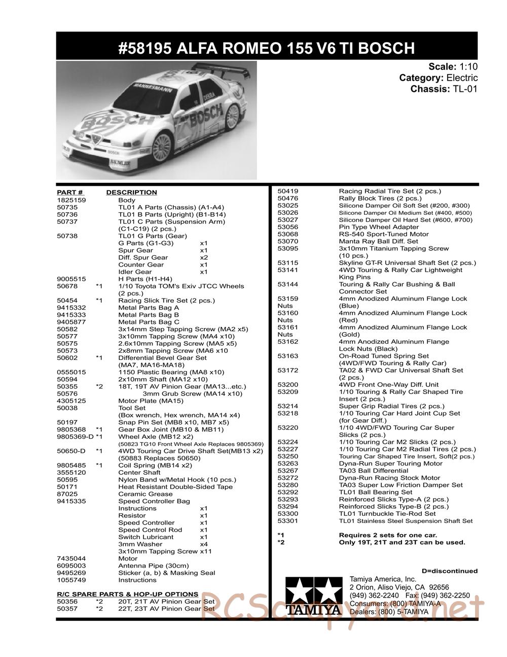 Tamiya - Alfa Romeo 155 V6 TI BOSCH - TL-01 Chassis -  Parts List - Page 2