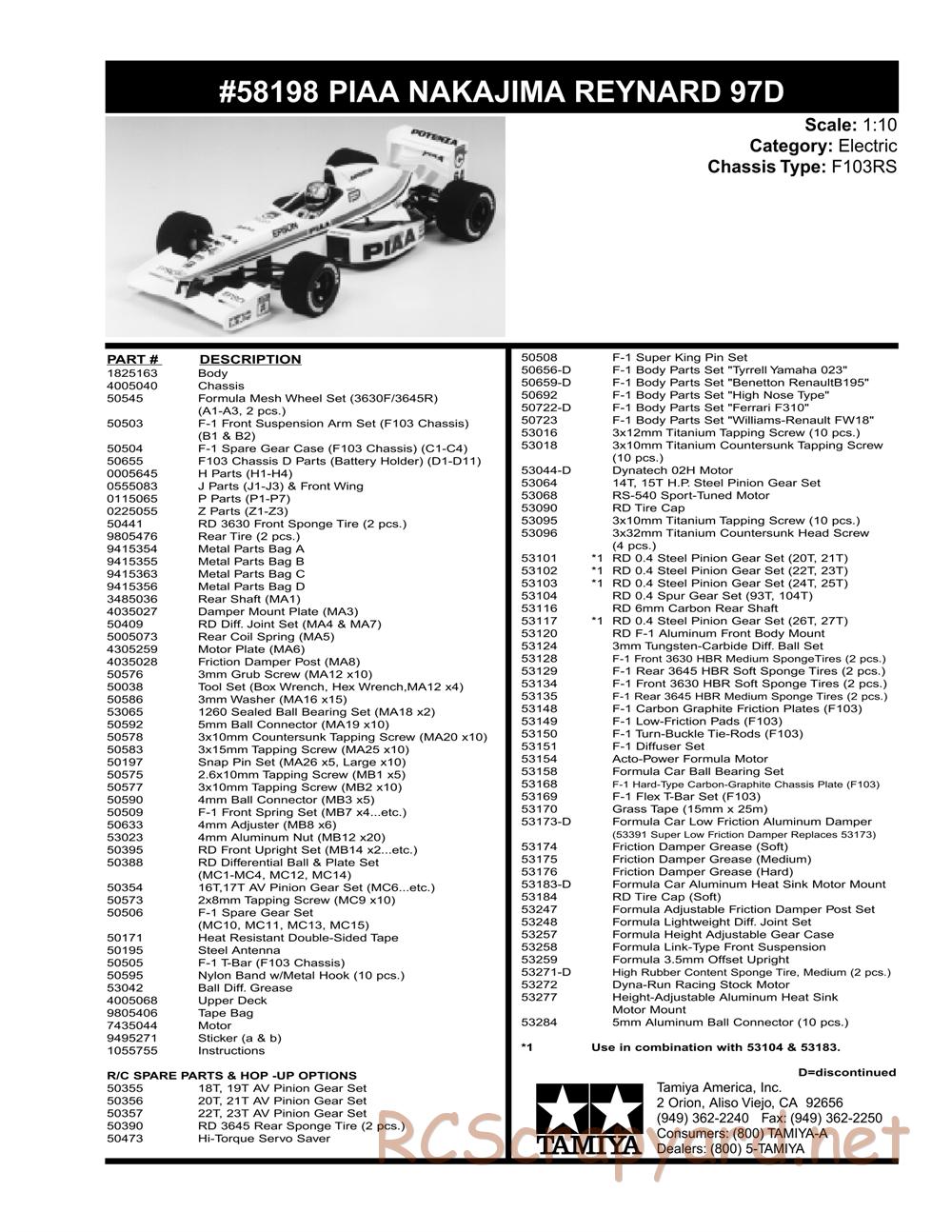 Tamiya - PIAA Nakajima Reynard 97D - F103 Chassis -  Parts List - Page 2