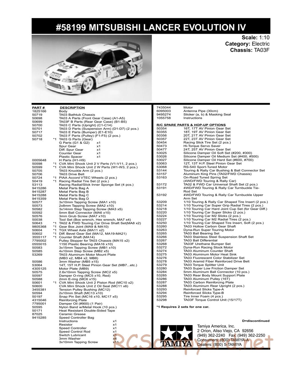 Tamiya - Mitsubishi Lancer Evolution IV - TA-03F Chassis - Parts List - Page 1