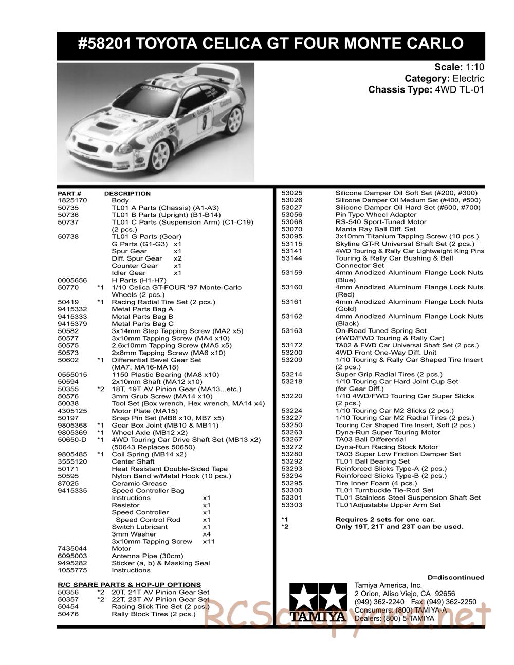 Tamiya - Toyota Celica GT-Four 97 Monte Carlo - TL-01 Chassis - Parts List - Page 2