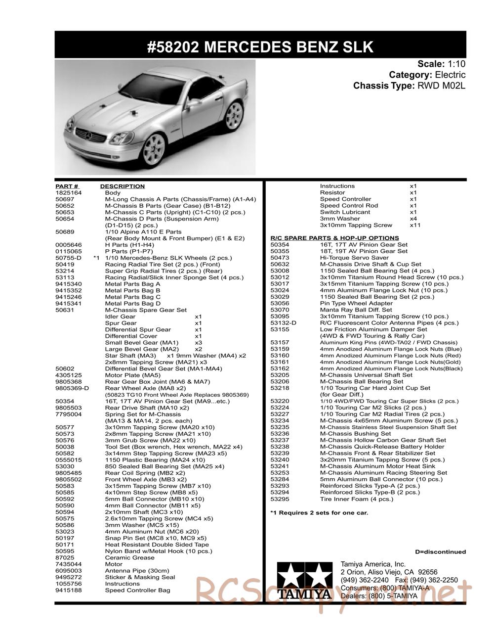 Tamiya - Mercedes-Benz SLK - M02L Chassis - Parts List - Page 2