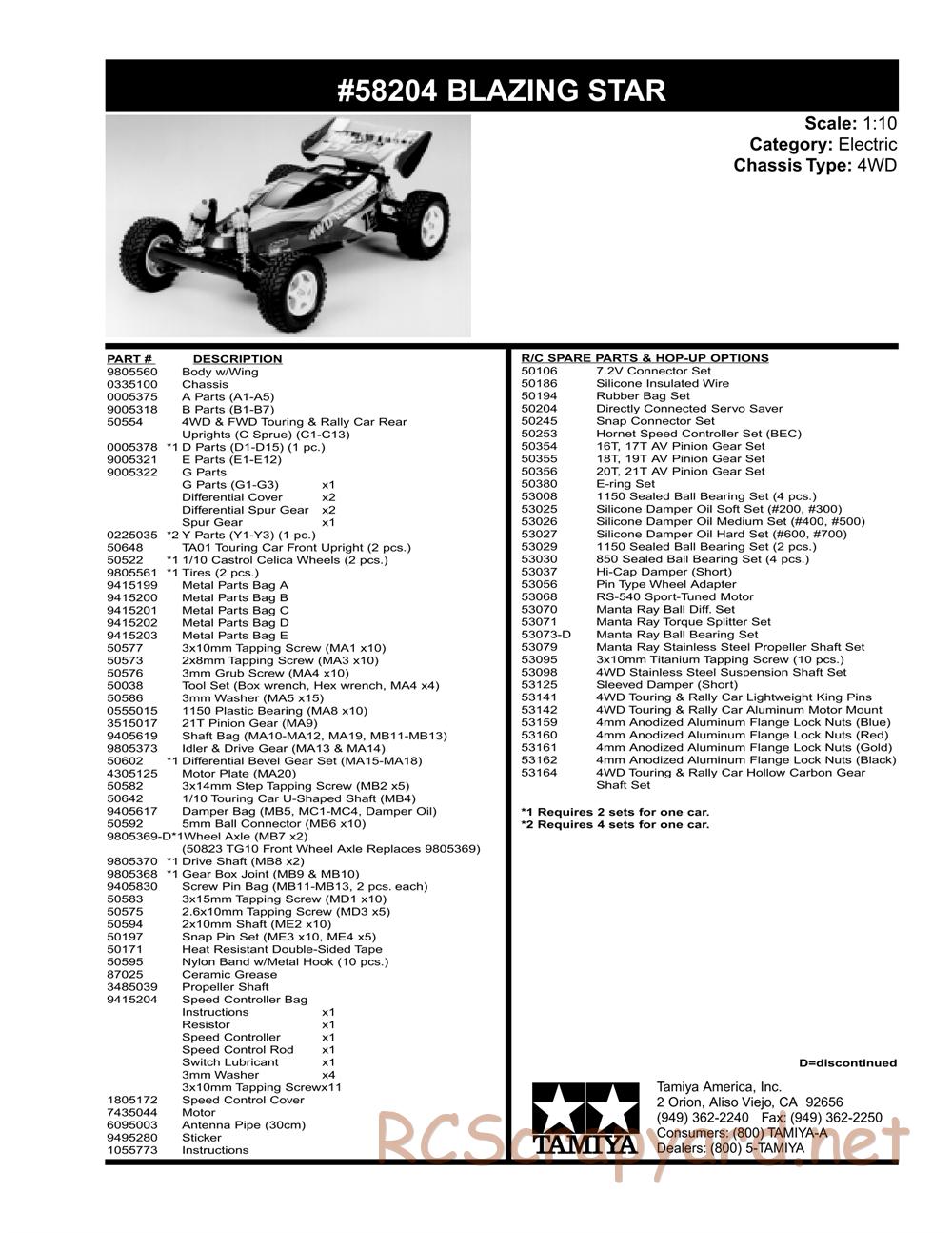 Tamiya - Blazing Star Chassis - Parts List - Page 2