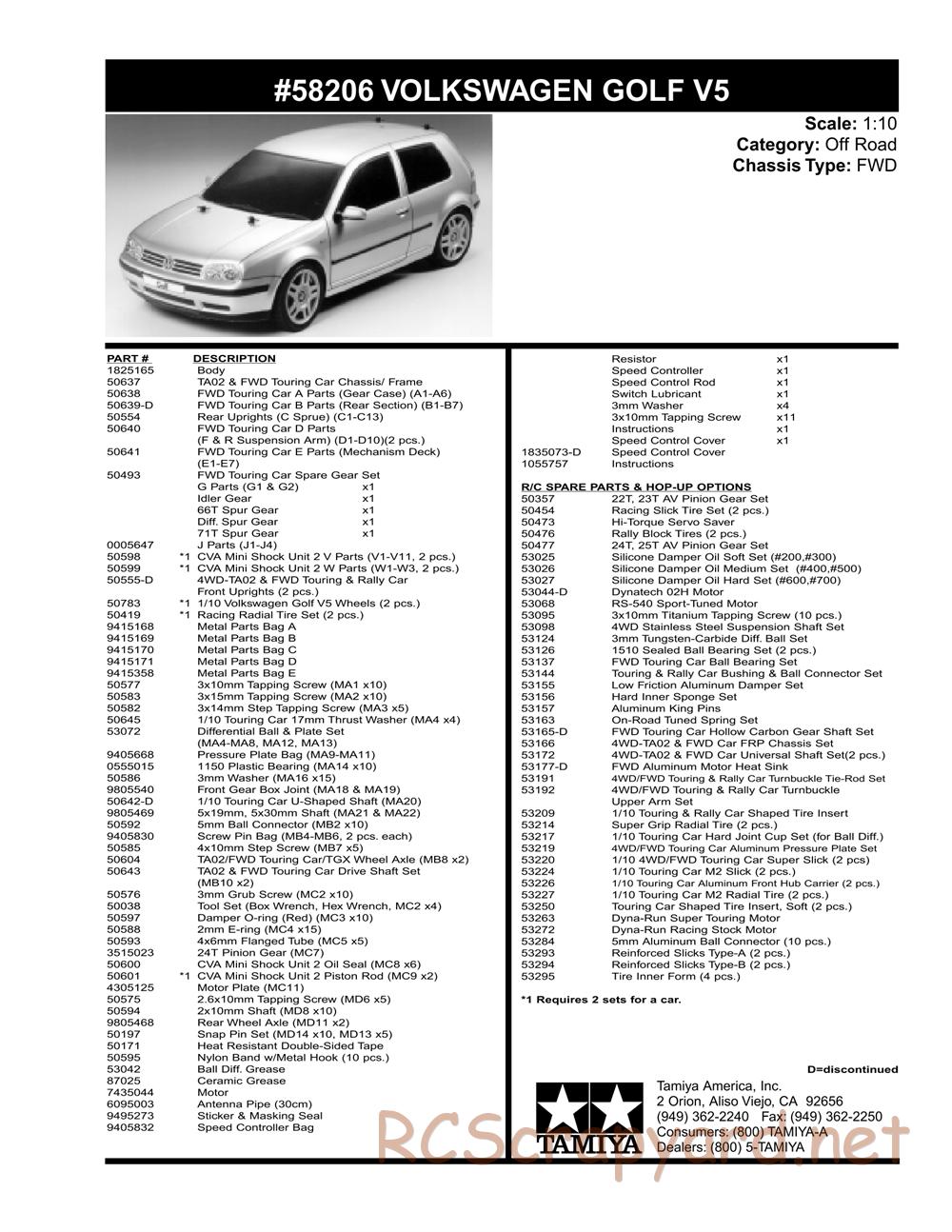 Tamiya - Volkswagen Golf V5 - FF-01 Chassis - Parts List - Page 1