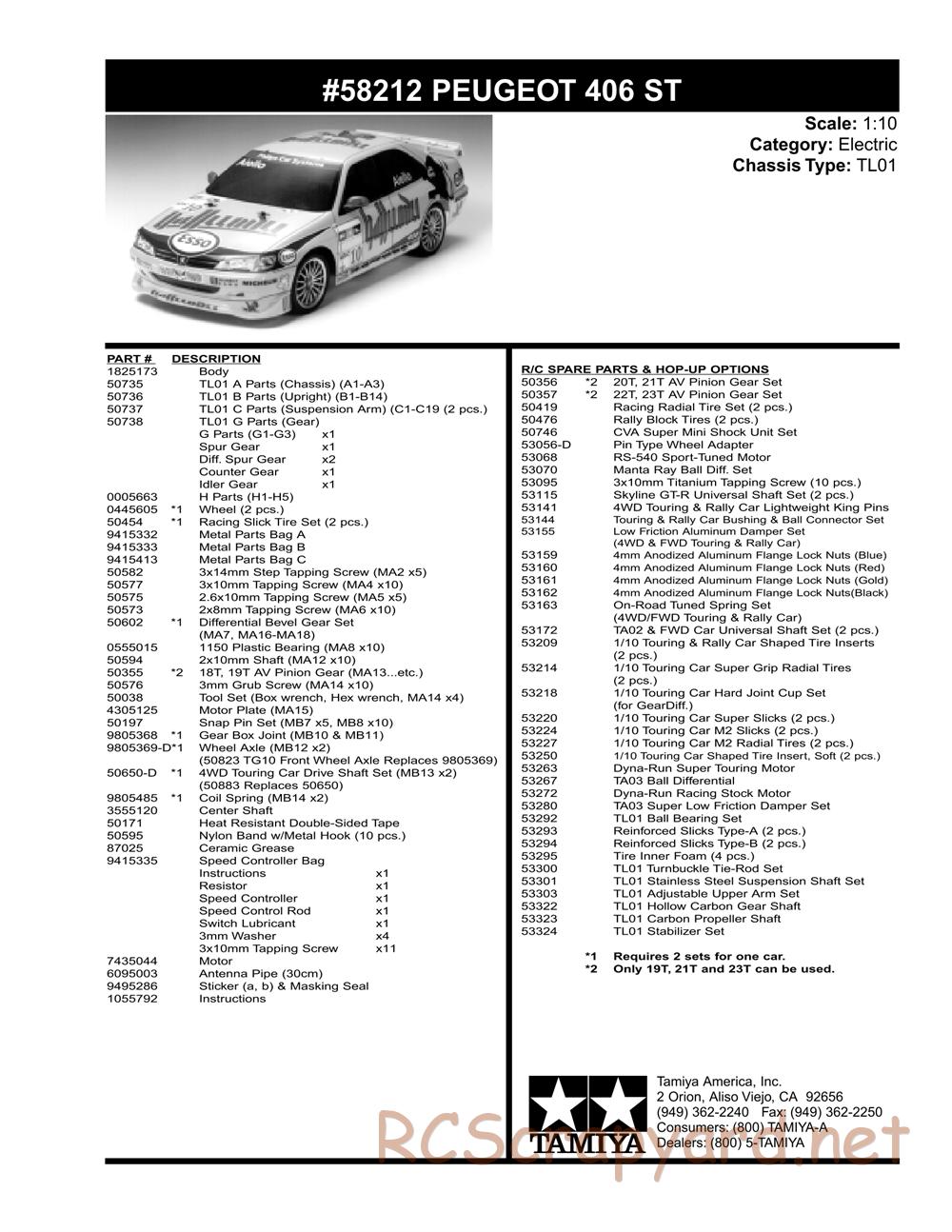 Tamiya - Peugeot 406 ST - TL-01 Chassis - Parts List - Page 2