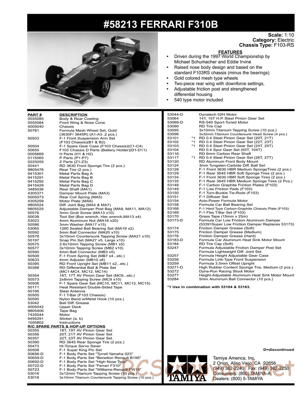 Tamiya - Ferrari F310B - F103RS Chassis - Parts List - Page 2