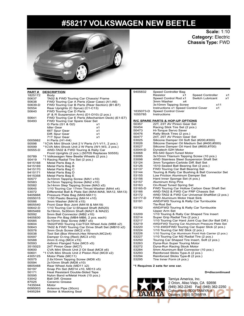 Tamiya - Volkswagen New Beetle - FF-01 Chassis - Parts List - Page 1