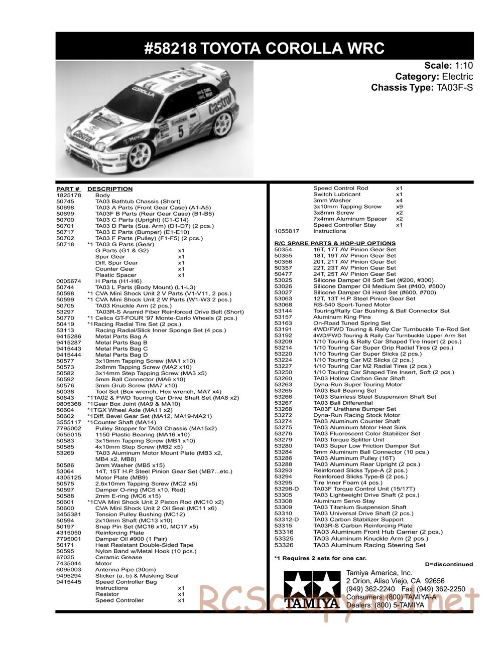 Tamiya - Toyota Corolla WRC - TA-03FS Chassis - Parts List - Page 2