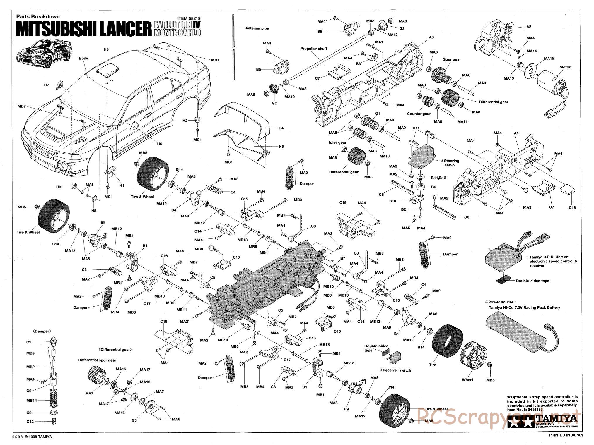 Tamiya - Mitsubishi Lancer Evo IV Monte-Carlo - TL-01 Chassis - Exploded View - Page 1
