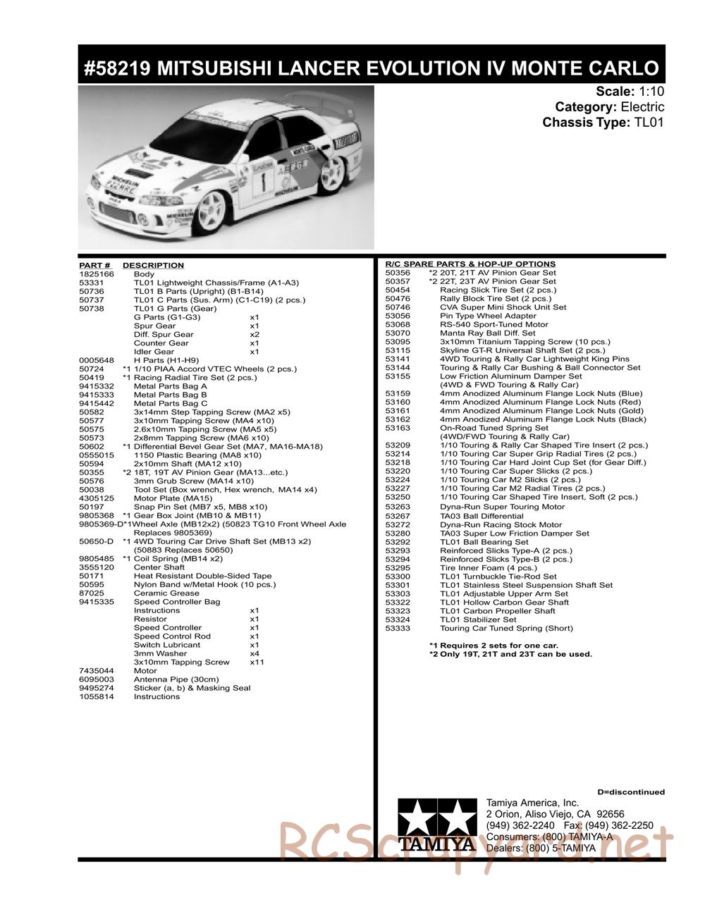 Tamiya - Mitsubishi Lancer Evo IV Monte-Carlo - TL-01 Chassis - Parts List - Page 2