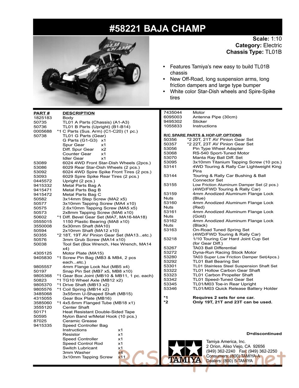 Tamiya - Baja Champ - TL-01B Chassis - Parts List - Page 2
