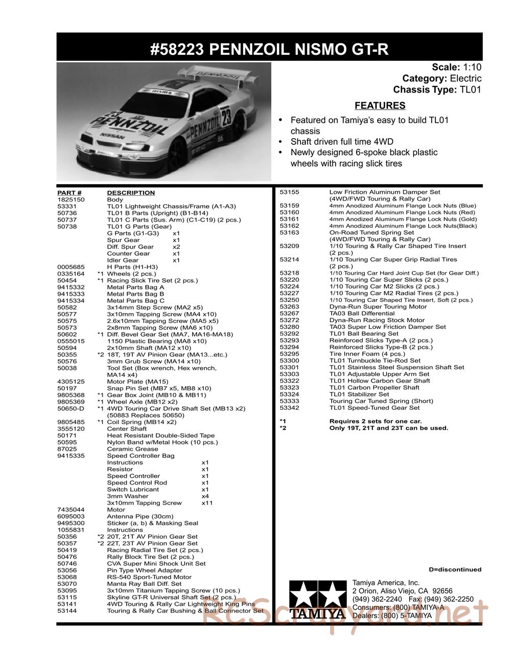 Tamiya - Pennzoil Nismo GT-R - TL-01 Chassis - Parts List - Page 2