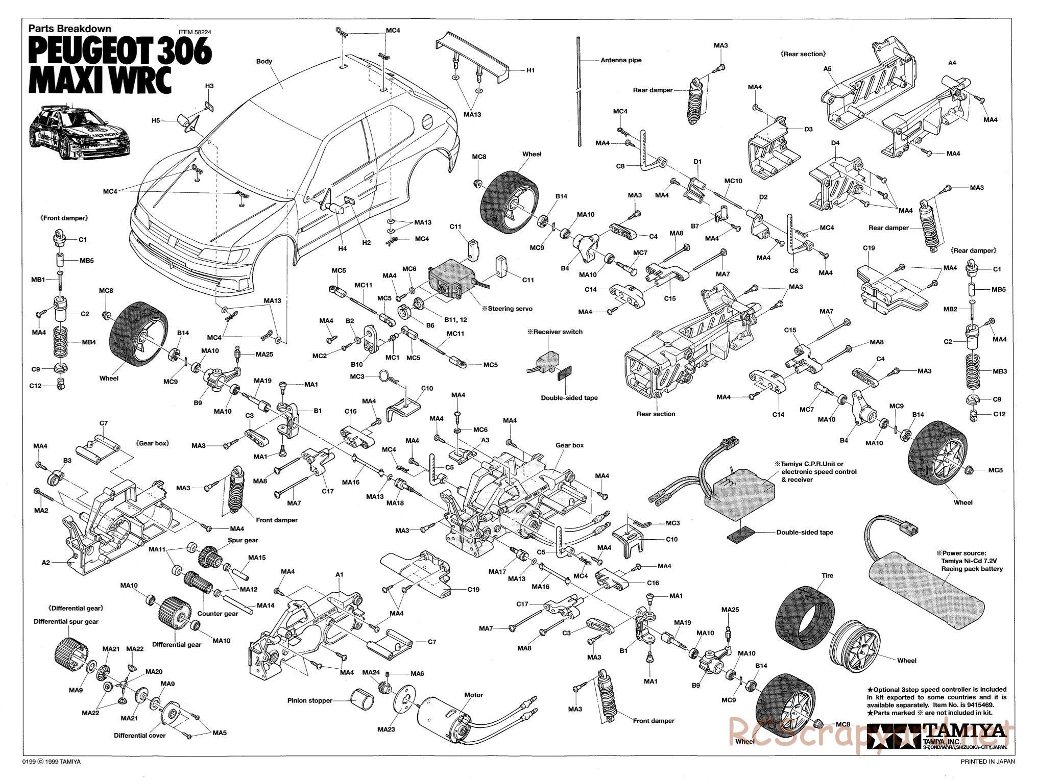 Tamiya - Peugeot 306 Maxi WRC - FF-02 Chassis - Exploded View - Page 1