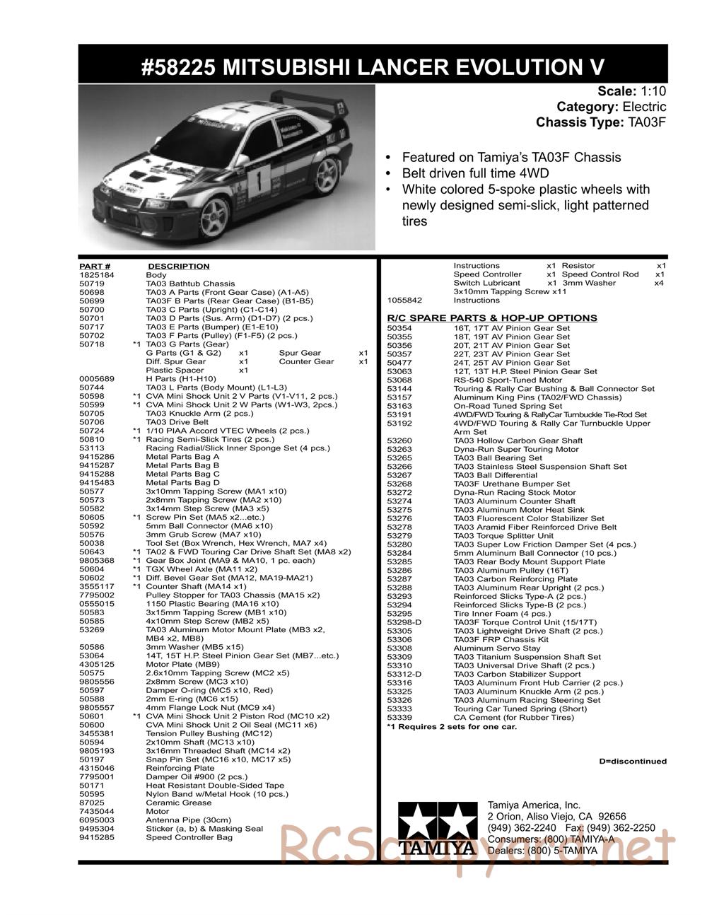 Tamiya - Mitsubishi Lancer Evolution V WRC - TA-03F Chassis - Parts List - Page 2
