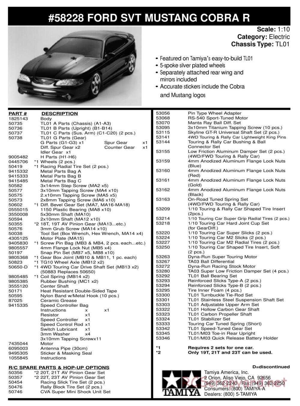 Tamiya - Ford SVT Mustang Cobra-R - TL-01 Chassis - Parts List - Page 1