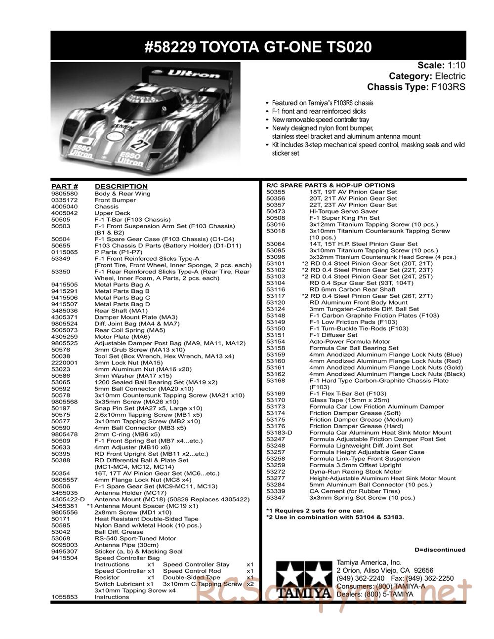 Tamiya - Toyota GT-One TS020 - F103RS Chassis - Parts List - Page 2