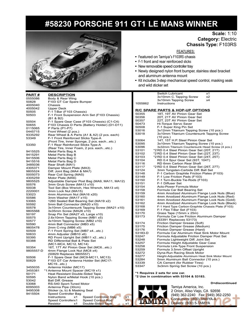 Tamiya - Porsche 911 GT1 98 LM Winner - F103RS Chassis - Parts List - Page 2