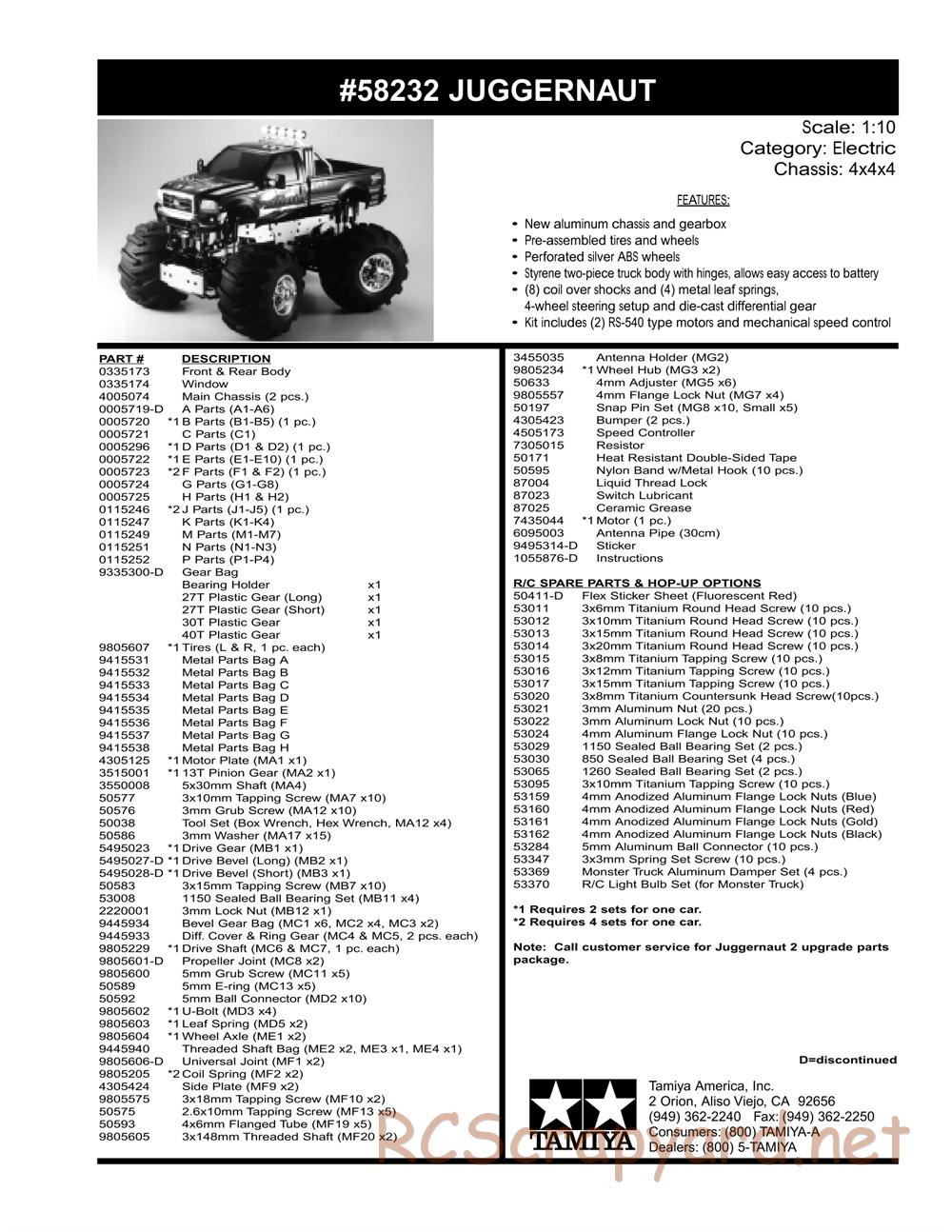 Tamiya - Juggernaut Chassis -  Parts List - Page 2