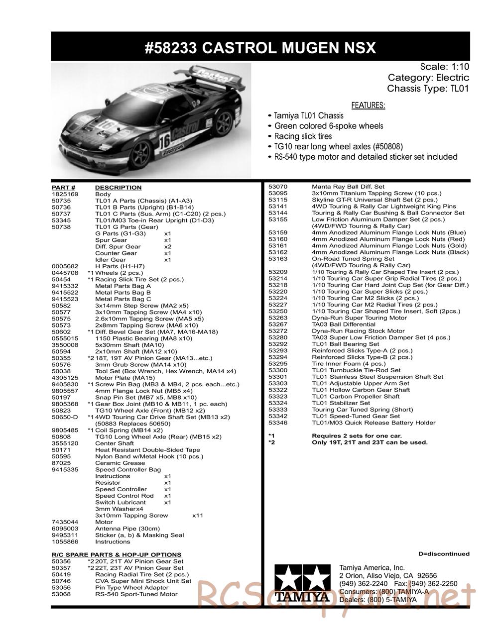 Tamiya - Castrol Mugen NSX - TL-01 Chassis - Parts List - Page 2