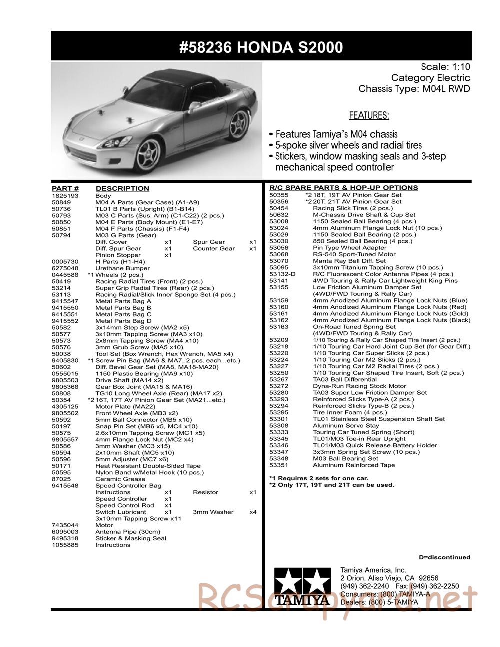 Tamiya - Honda S2000 - M04L Chassis - Parts List - Page 2