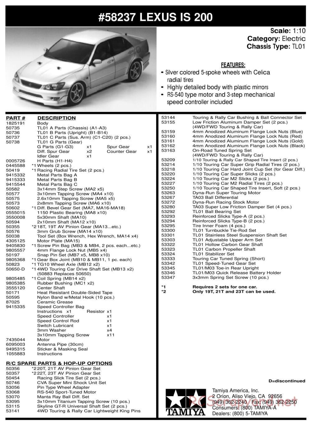 Tamiya - Lexus IS 200 - TL-01 Chassis - Parts List