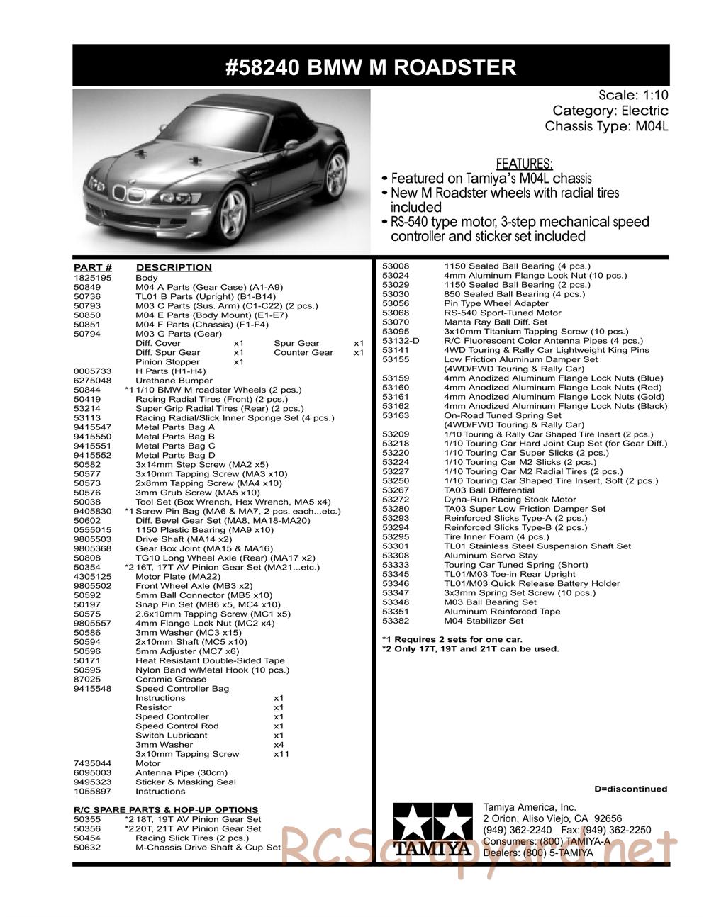 Tamiya - BMW M Roadster - M04L Chassis - Parts List - Page 2